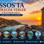 Assos'ta Gezilecek Yerler rehberi için Athena Tapınağı, Assos Antik Kenti ve Assos Antik Limanı'nı gösteren 2026 gezi rehberi görseli.