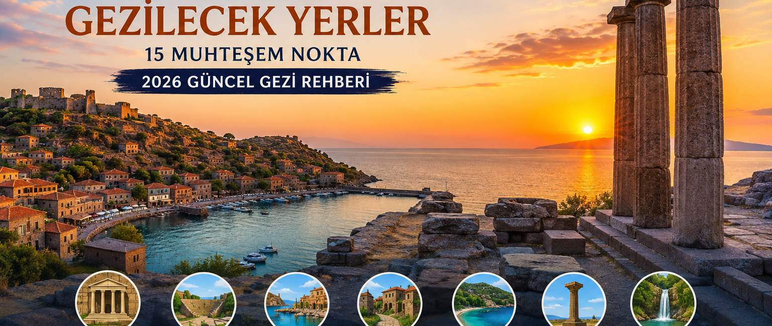 Assos'ta Gezilecek Yerler rehberi için Athena Tapınağı, Assos Antik Kenti ve Assos Antik Limanı'nı gösteren 2026 gezi rehberi görseli.