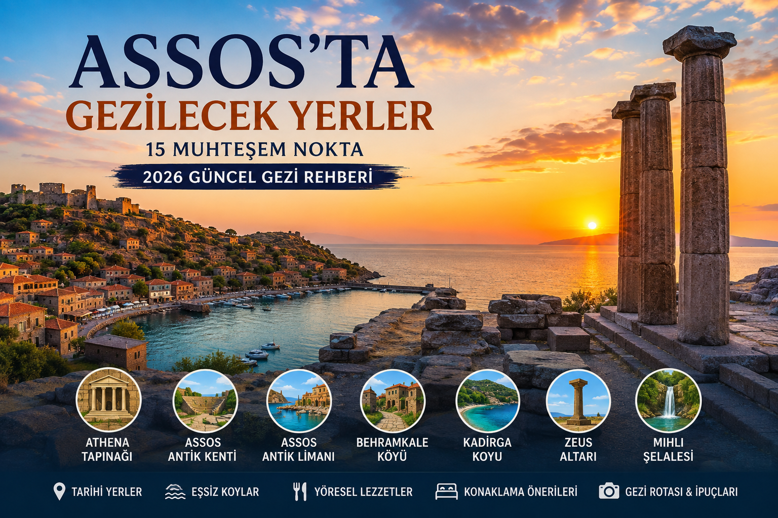 Assos'ta Gezilecek Yerler rehberi için Athena Tapınağı, Assos Antik Kenti ve Assos Antik Limanı'nı gösteren 2026 gezi rehberi görseli.